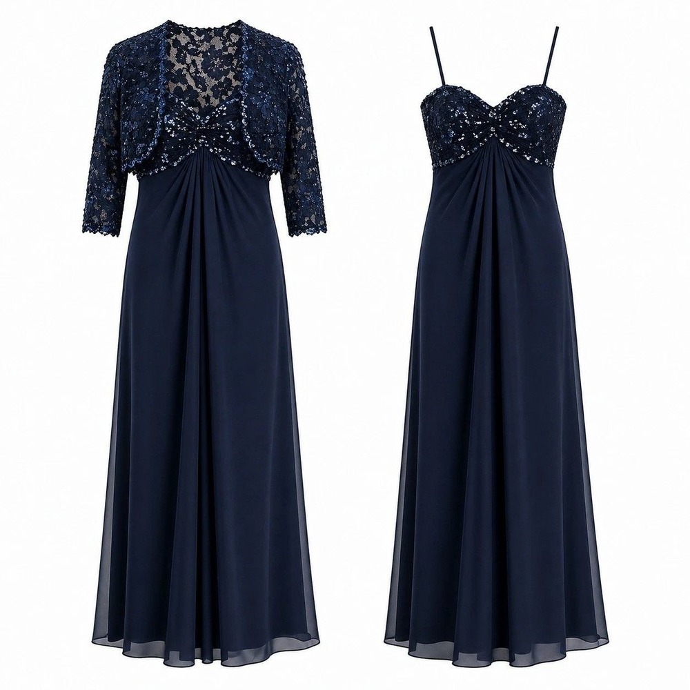 Tadashi Shoji Silk Chiffon Evening Gown Jacket Set Sz 6 Navy Lace Sequins Formal